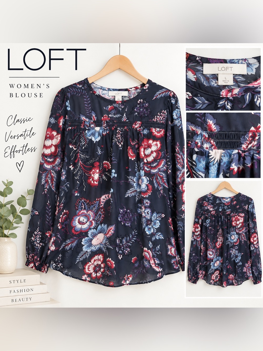 LOFT Women’s Large Navy Floral Long Sleeve Blouse Gathered Yoke Boho Top